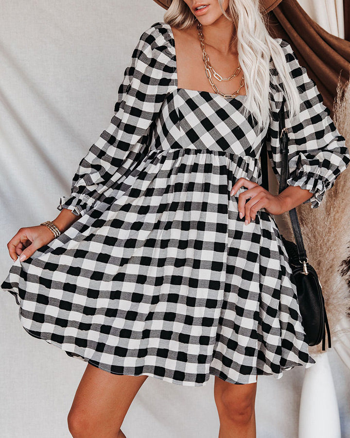 Brownstone Plaid Adjustable Balloon Sleeve Dress FINAL