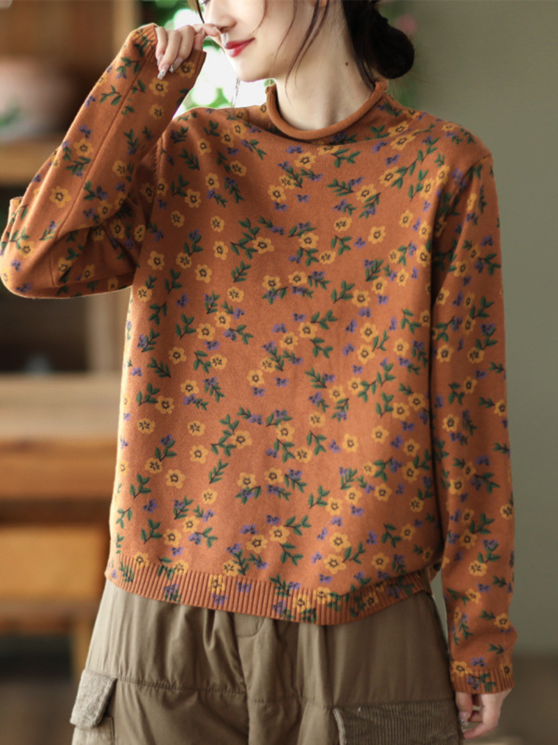 Round Neck Ditsy Floral Print Long Sleeve Knit Sweater
