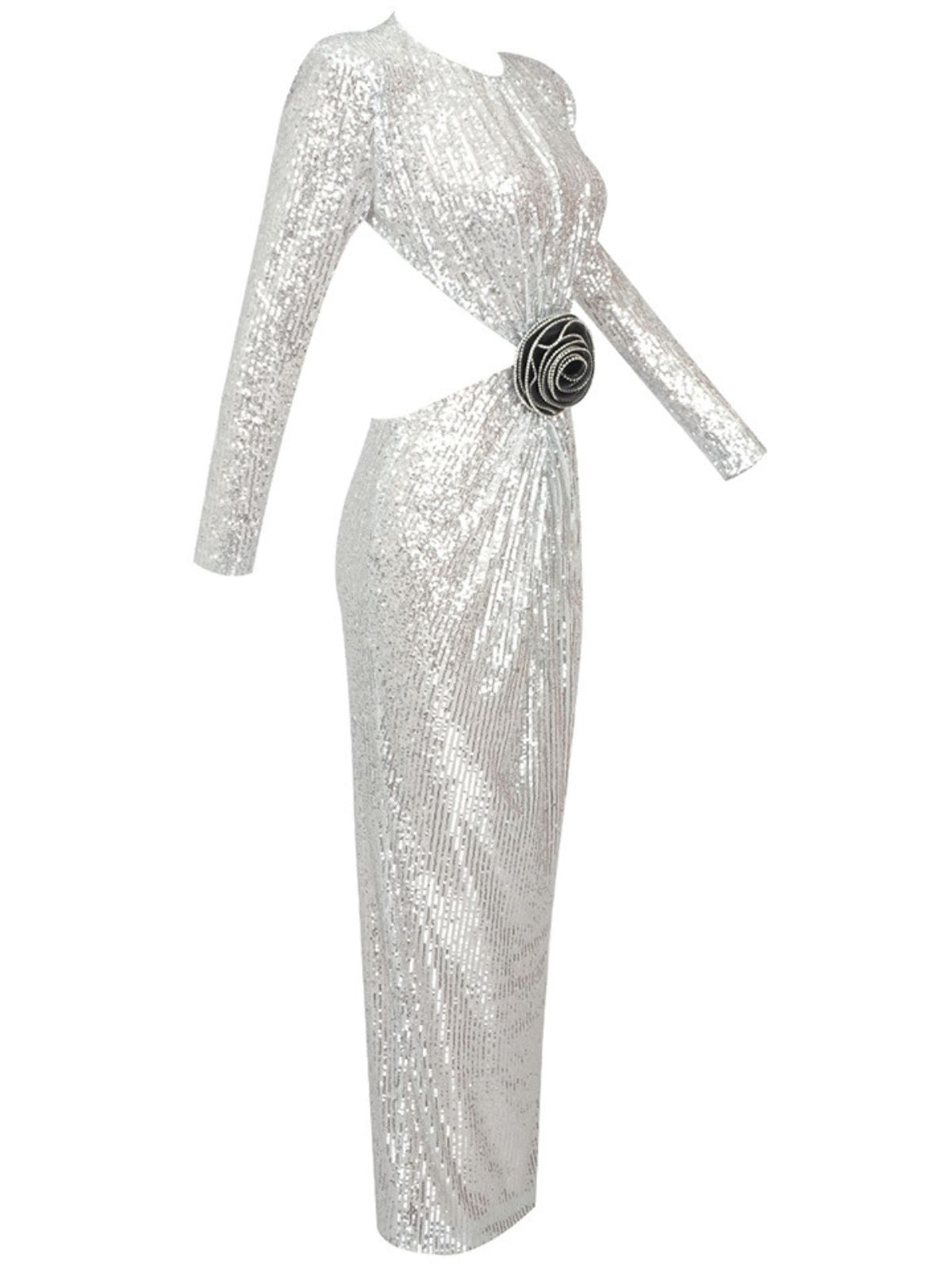 Long Sleeve Sequin Floral Applique Cutout Bodycon Maxi Dress