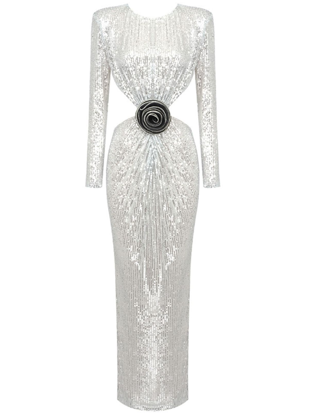 Long Sleeve Sequin Floral Applique Cutout Bodycon Maxi Dress