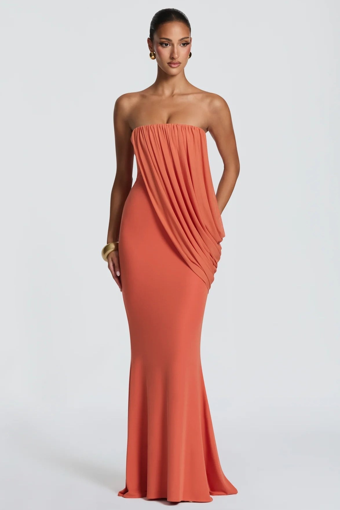 Draped Mesh Tube Irregular Ruche Maxi Slim Bodycon Dress