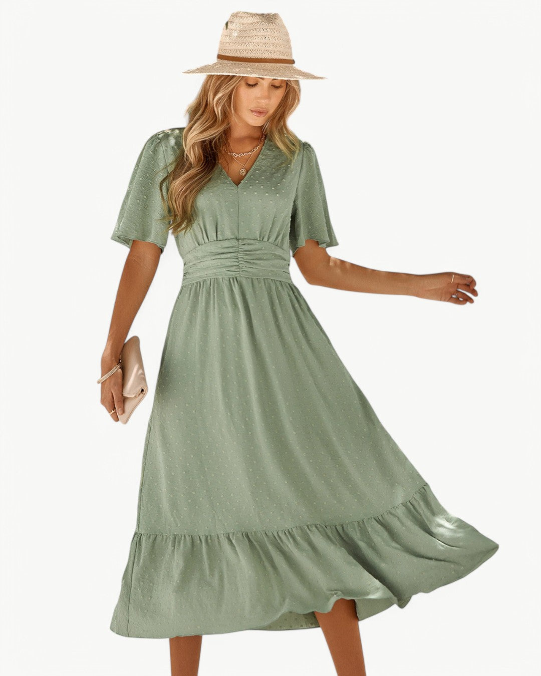 V-Neck Swiss Dot Flutter Sleeve Ruched Waist Tiered Midi Dress