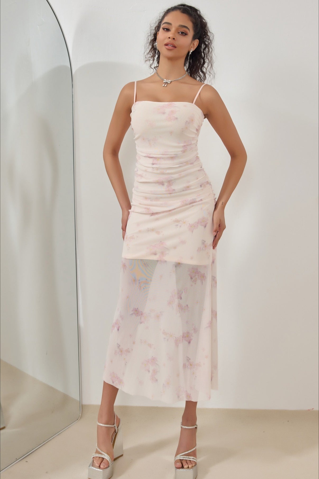 Pink Spaghetti Strap Square Neck Ruched Mesh Sheer Overlay Watercolor Floral Midi Dress 7