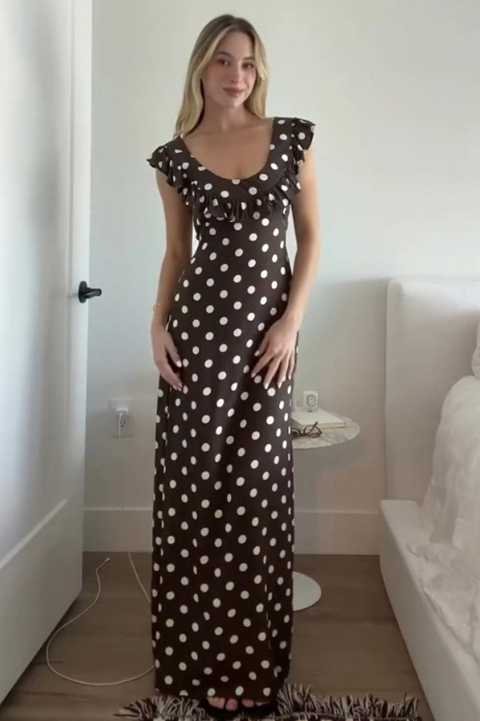 Brown Polka Dot U-Neck Ruffled Bodycon Maxi Dress 3