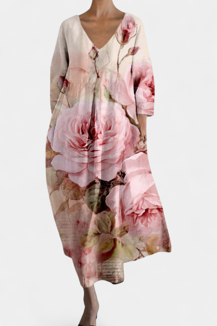 V-Neck Abstract Watercolor Print Pleated Pocket Cocoon Midi Dress 10