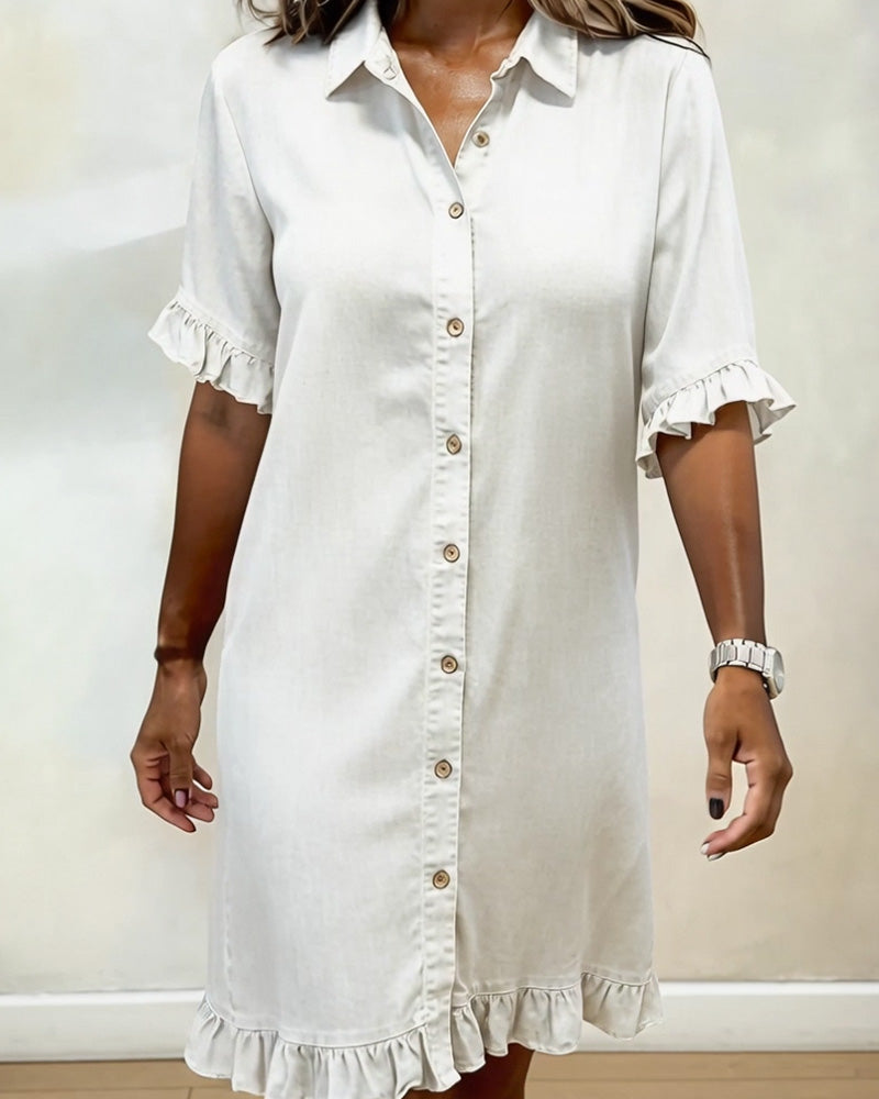 Collared Ruffle Cuff Ruffle Hem Denim Shirt Dress 11