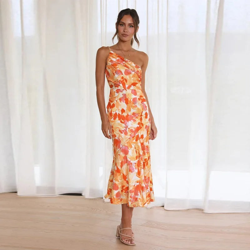 One-Shoulder Floral Satin Ruched Mermaid Midi Dress 2