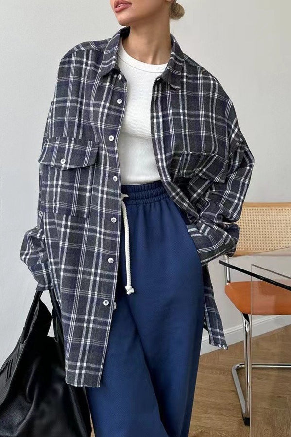 Vintage American Plaid Double-Pocket Mid-Length Blouse
