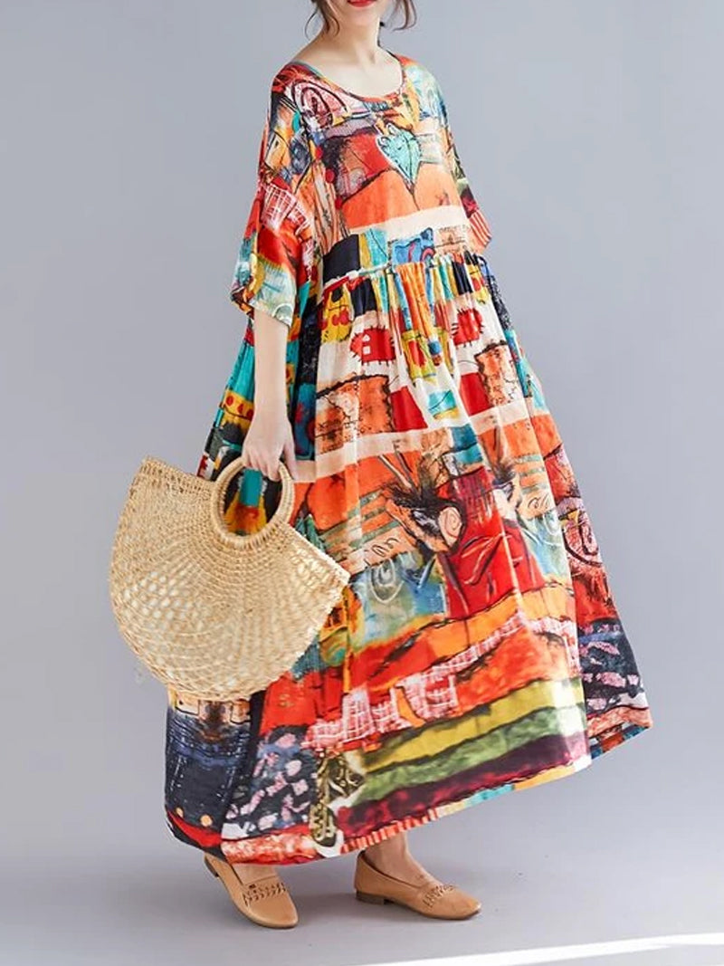 Multi Color Round Neck Short Sleeve Abstract Print Tiered Smock Maxi Dress 3