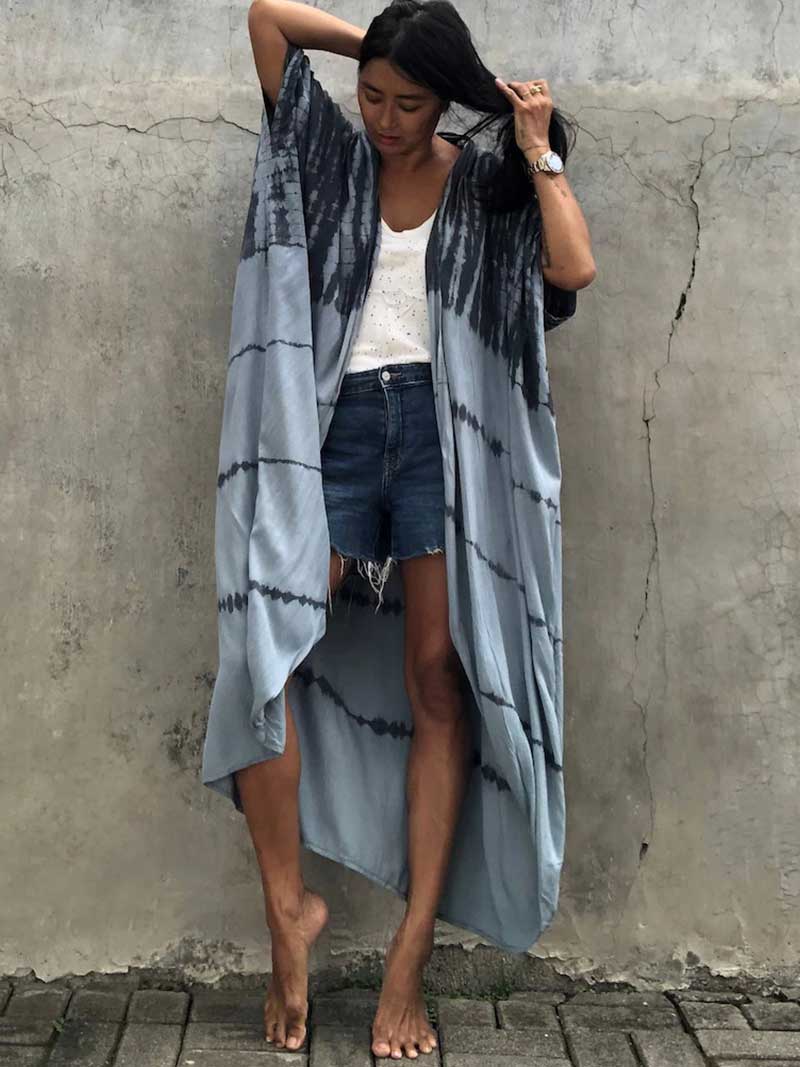 Tie-Dye Print Belted Short Sleeve Long Kimono Duster Robe 18
