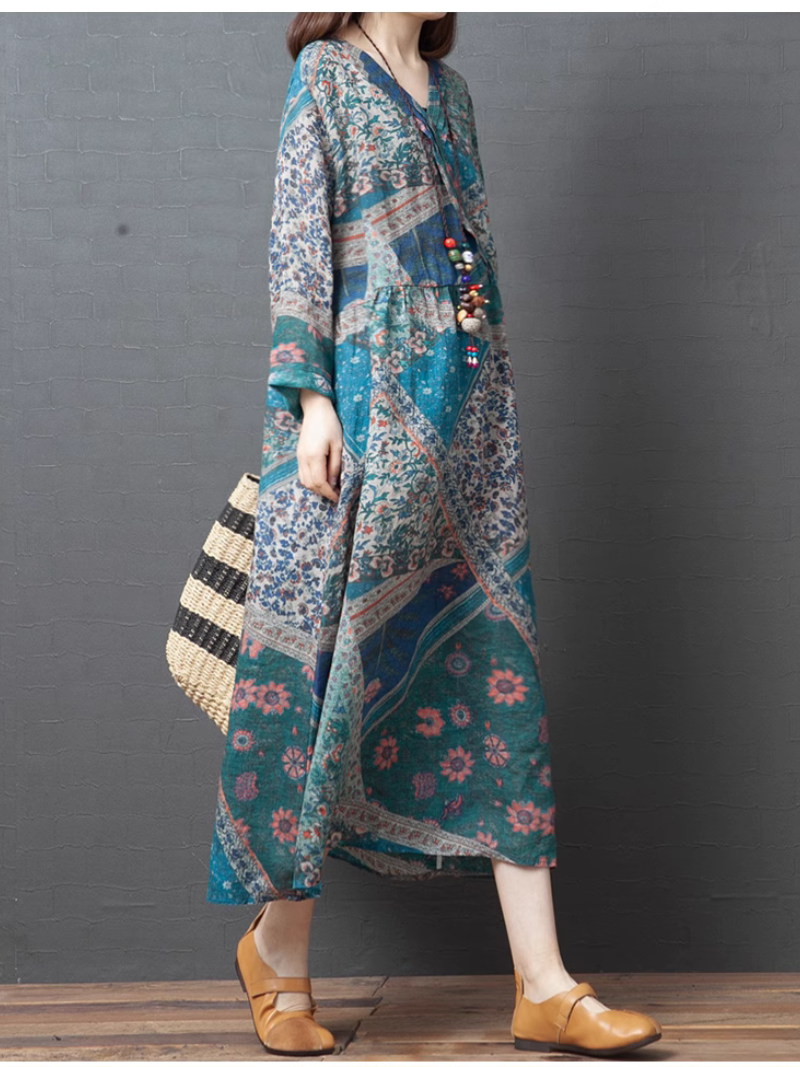 V-Neck Floral Print Long Sleeve Loose A-Line Midi Dress 5