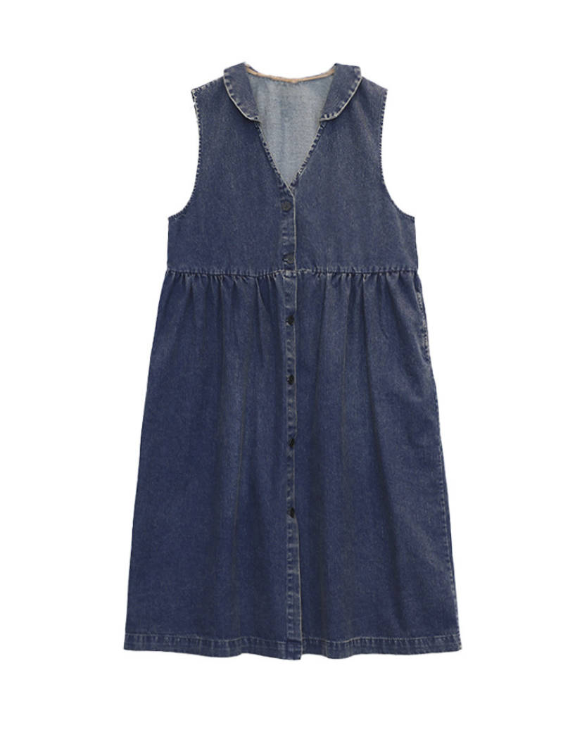 V-Neck Sleeveless Button Front Denim Smock A-Line Midi Dress