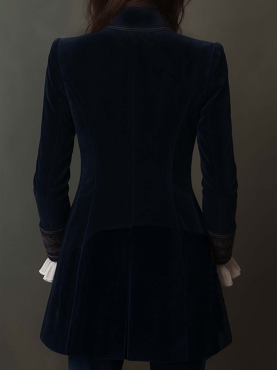 Stand Collar Embroidered Beaded Velvet Longline Blazer 9