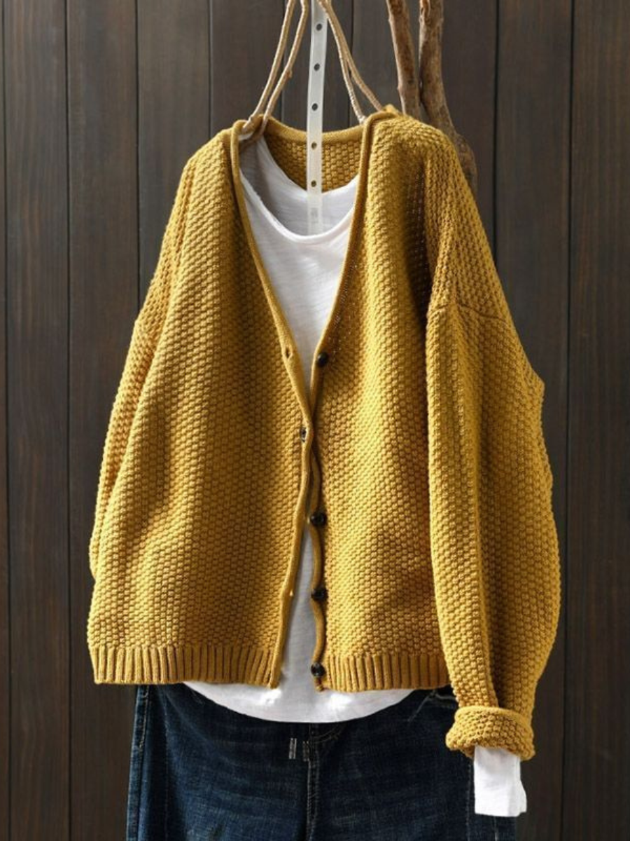V-Neck Button Front Chunky Knit Long Sleeve Cardigan