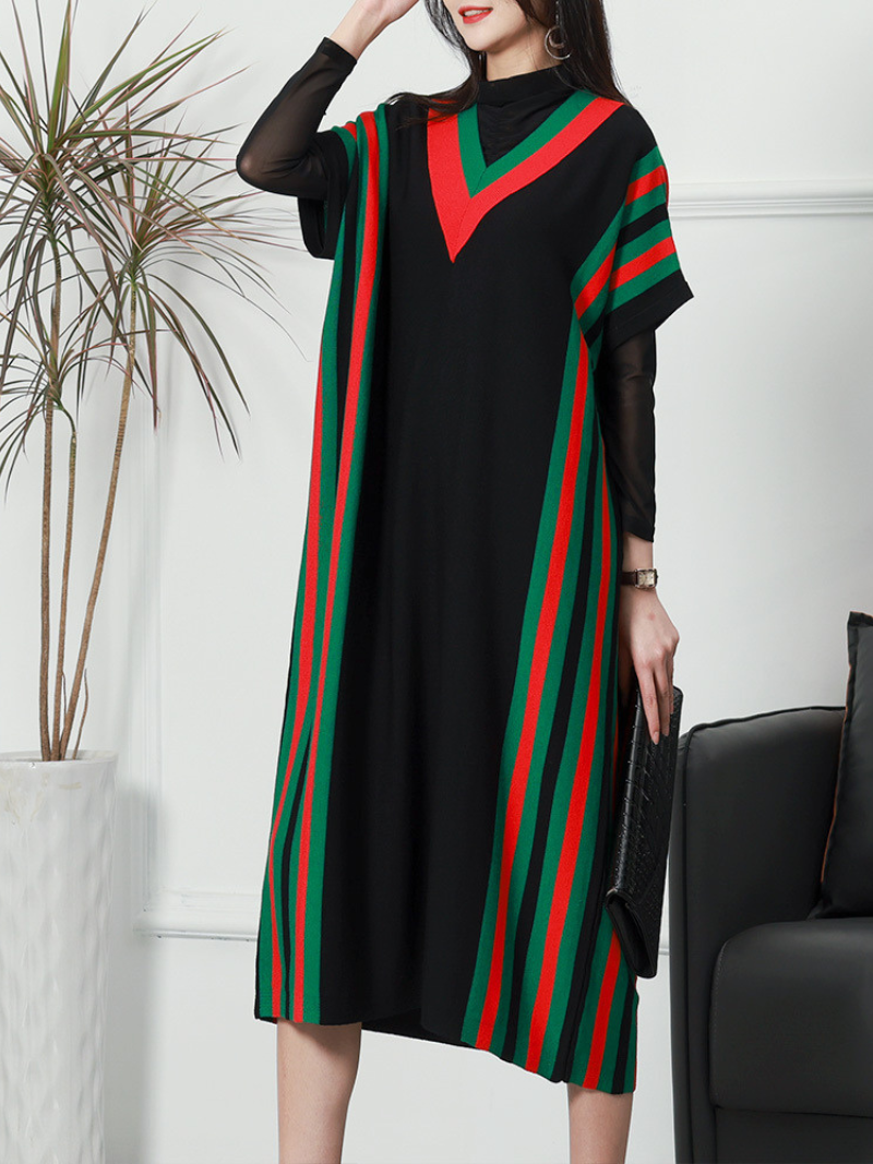 Black Striped Batwing Sleeve Loose Knit Midi Dress