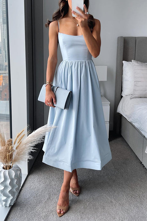 Spaghetti Strap Square Neck Satin Flared A-Line Midi Dress