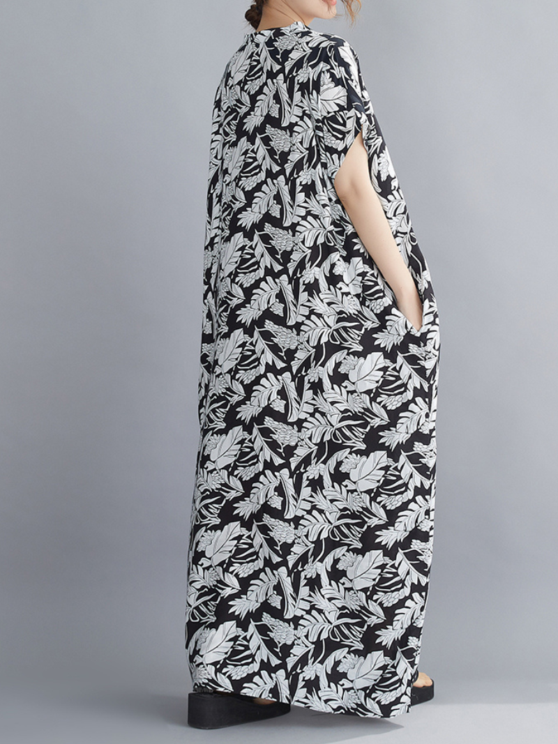 Black V-Neck Floral Leaf Print Short Sleeve Loose Kaftan Maxi Dress 4