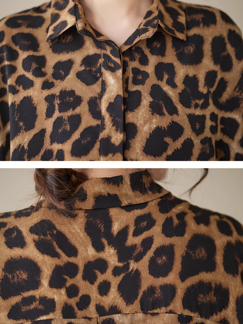 Collared Leopard Print Half Sleeve Loose Shirt Maxi Dress