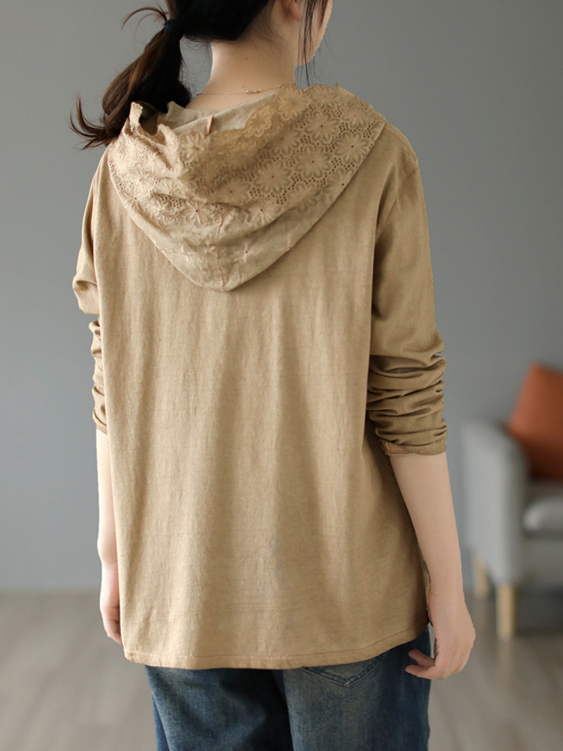 Lace Trim Hooded Button Placket Long Sleeve Loose Pullover Hoodie 7
