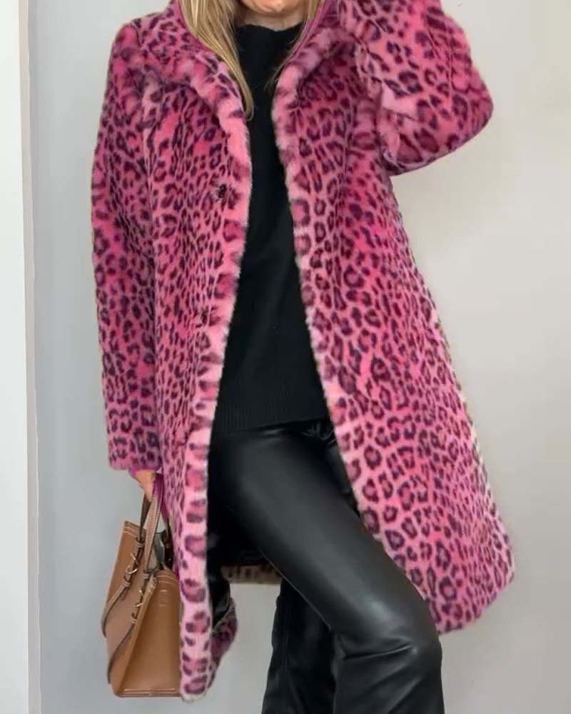 Notched Lapel Leopard Faux Fur Long Coat 4