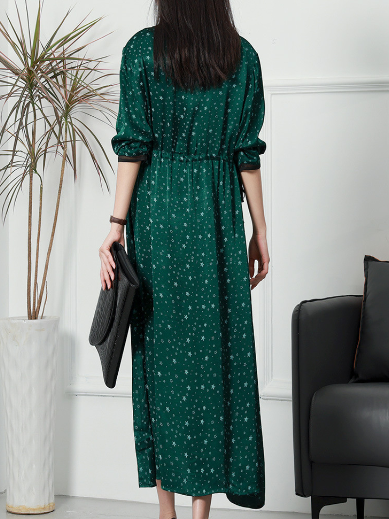 Round Neck Star Print Satin Drawstring Waist A-Line Maxi Dress 2