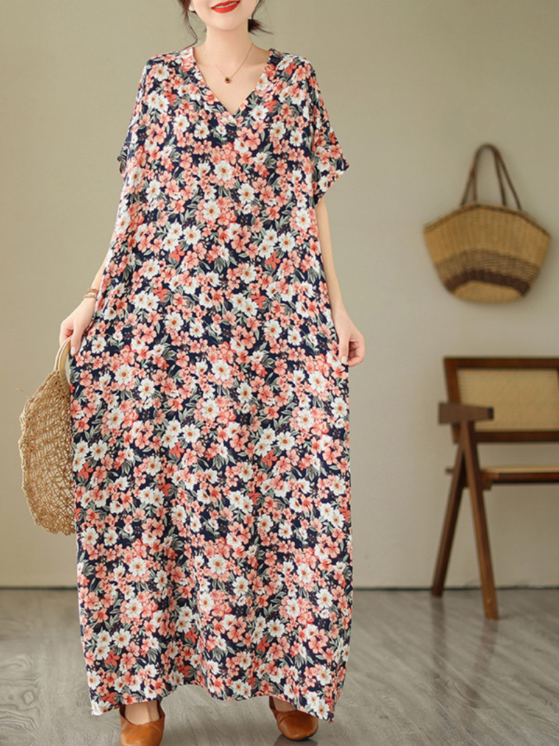 Multi Color V-Neck Ditsy Floral Batwing Sleeve Loose Kaftan Maxi Dress 4