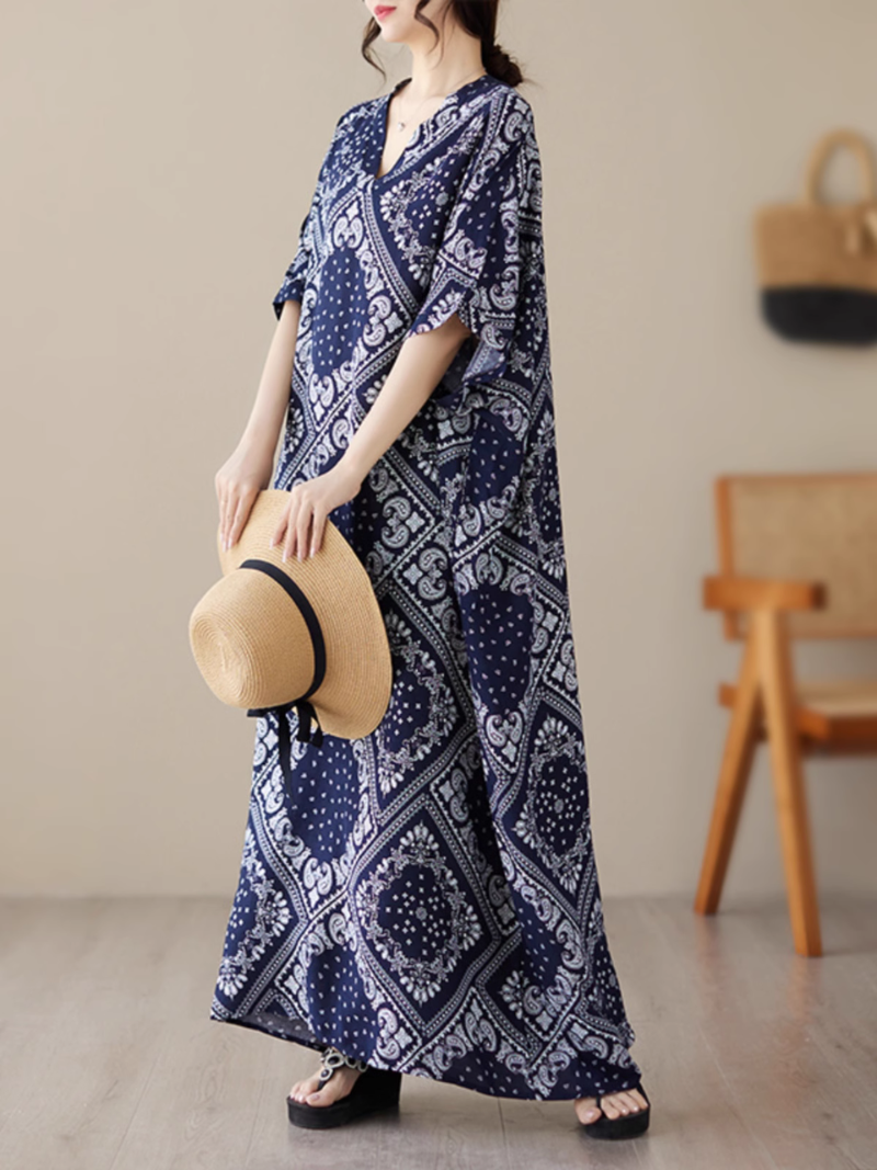 V-Neck Paisley Print Batwing Sleeve Loose Kaftan Maxi Dress