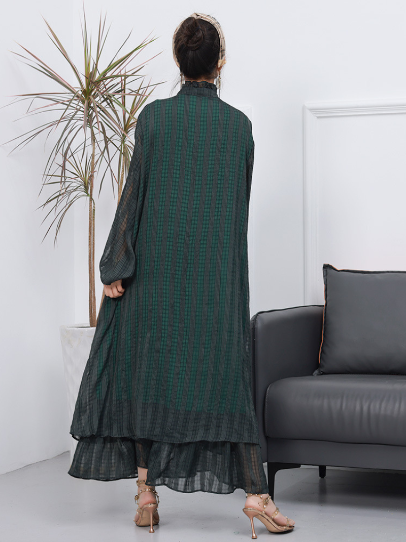 Stand Collar Balloon Sleeve Pleated Chiffon Tiered Maxi Dress