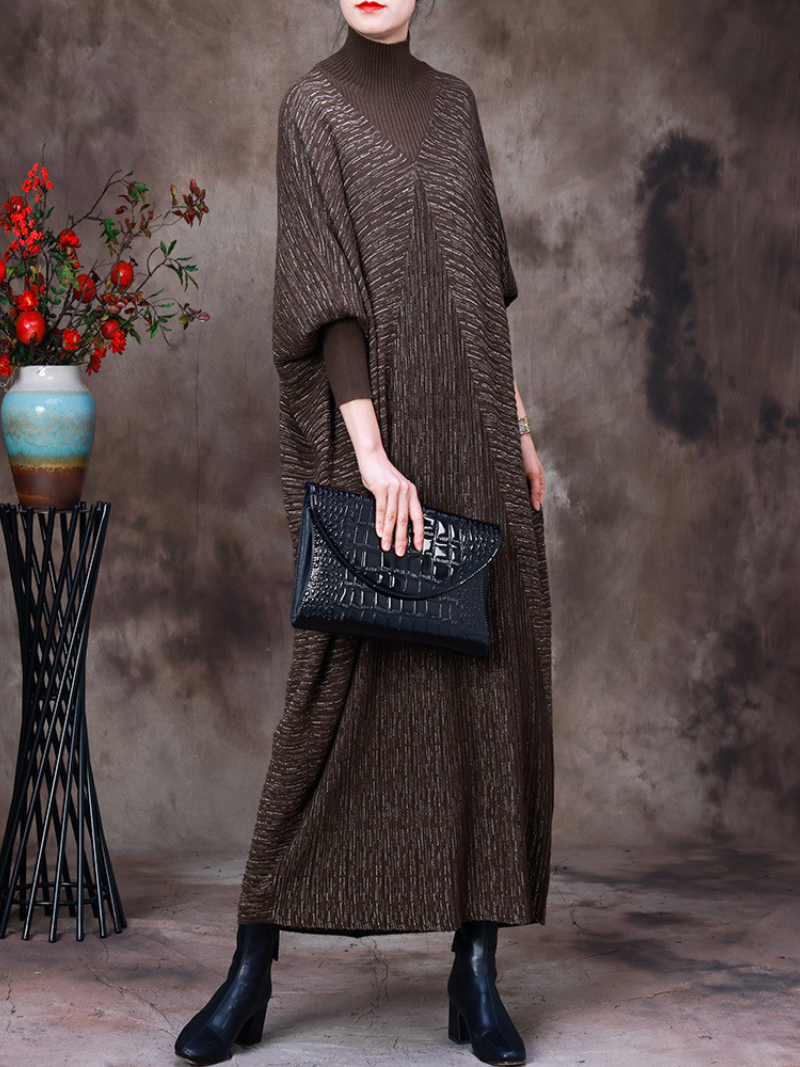Mock Neck Batwing Sleeve Knitted Loose Cocoon Maxi Dress 2