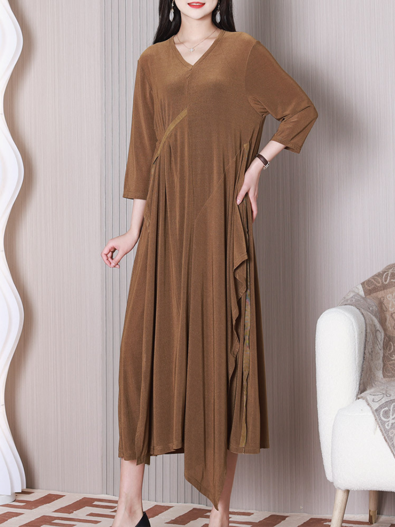 V-Neck Half Sleeve Draped Ruffle Asymmetric Loose A-Line Midi Dress