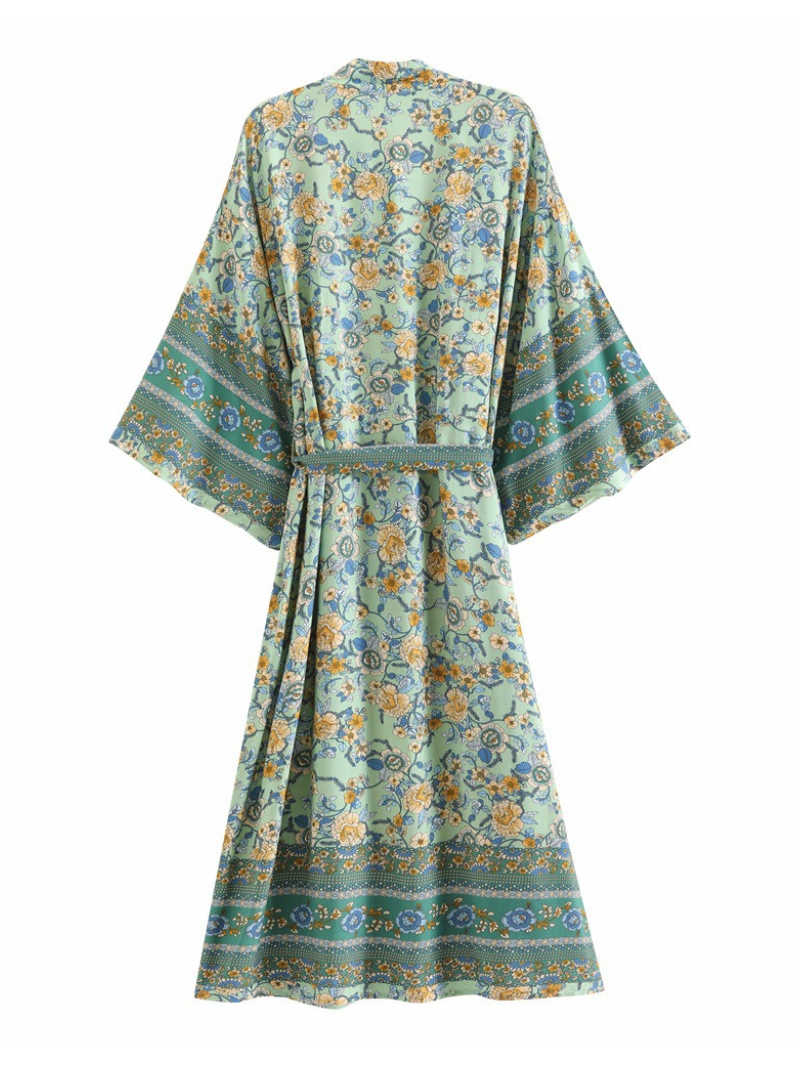 Green Floral Print Bohemian Wide Sleeve Belted Long Kimono