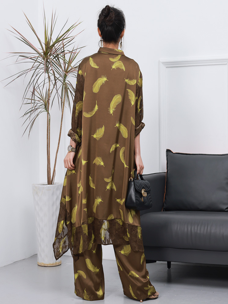 Collared Feather Print Longline Tunic Wide-Leg Pants Set