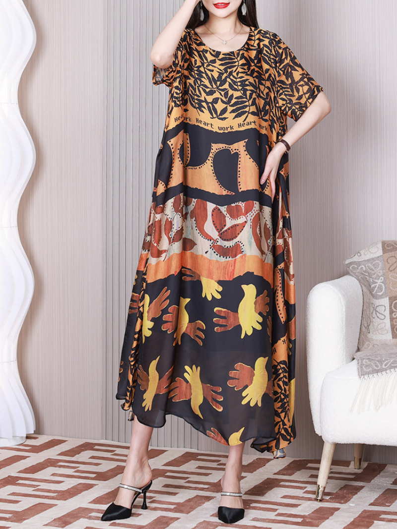 Round Neck Abstract Leaf Print Short Sleeve Loose Maxi Dress 7