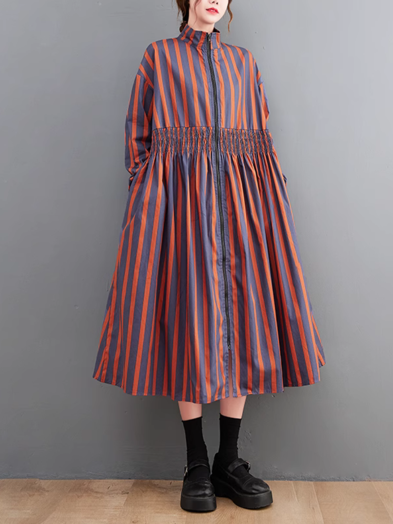 Stand Collar Striped Zip Front Shirred Long Sleeve A-Line Midi Dress