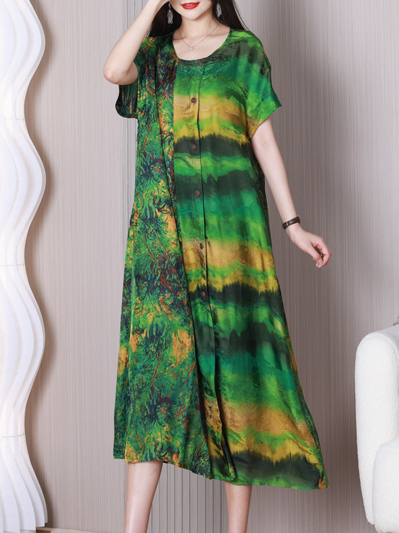 Green Round Neck Short Sleeve Watercolor Print Button Front Shirt Maxi Dress