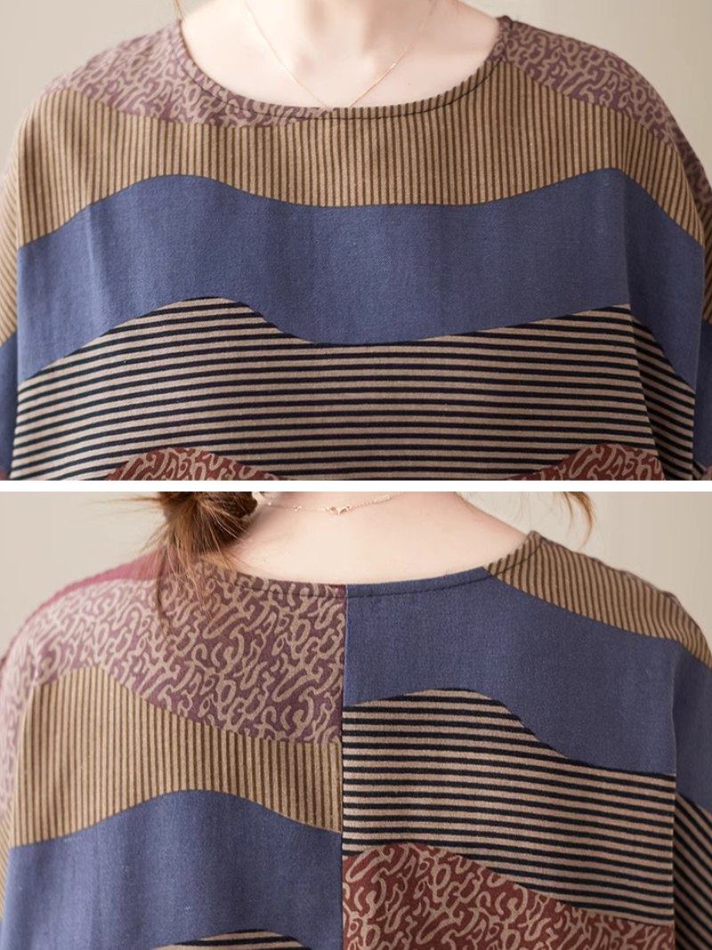 Round Neck Short Sleeve Wavy Stripe Print Loose Shift Midi Dress