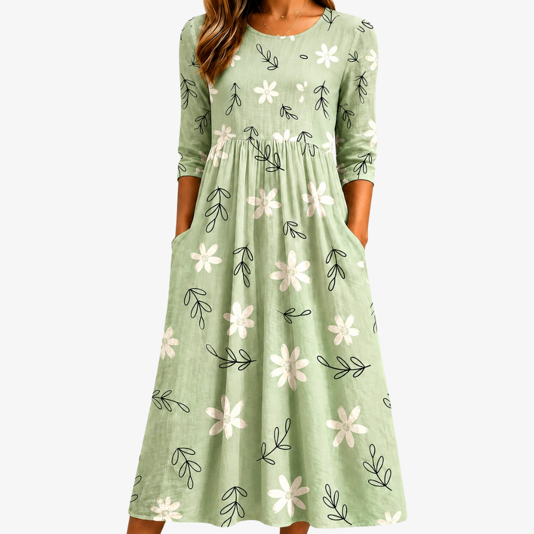 Round Neck Daisy Floral Three-Quarter Sleeve Gathered A-Line Midi Dress