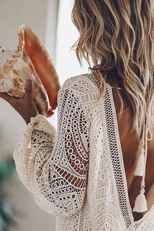 Hollow Out Tassel Beach Boho Dress White / S