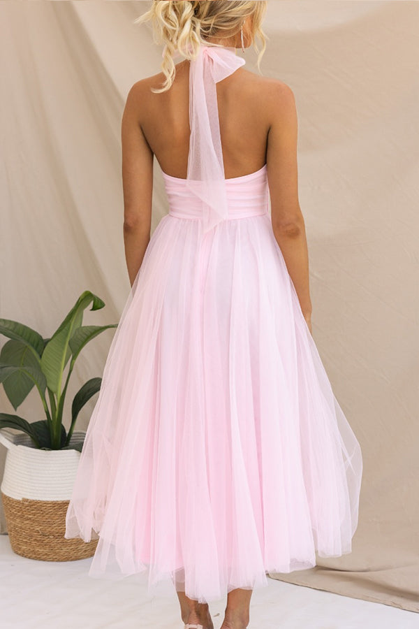 Halter Neck Sleeveless Tulle Fit-and-Flare Maxi Dress