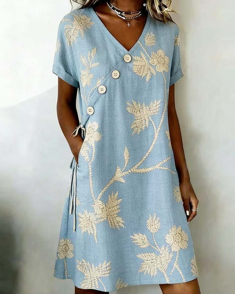V-Neck Floral Diagonal Button Lace-Up Shift Mini Dress 2