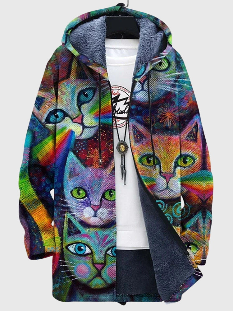Hooded Abstract Cat Print Zip Front Fleece Jacket