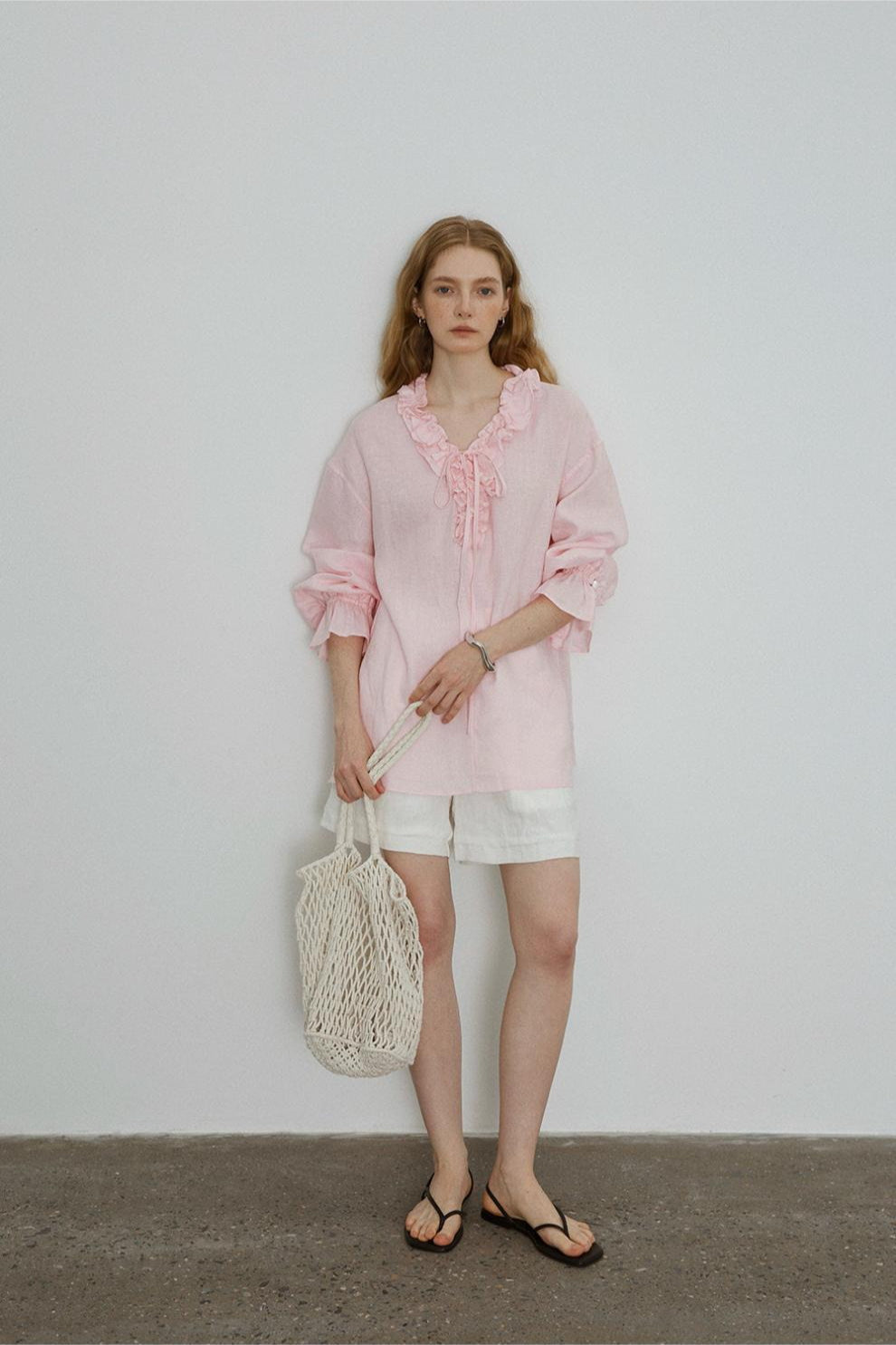 Linen Ruffle Tie Front Blouse