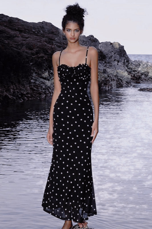 Black Polka Dot Backless Cami Bodycon Maxi Dress 4