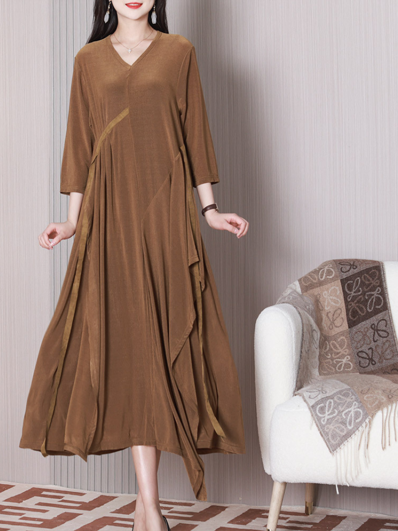 V-Neck Half Sleeve Draped Ruffle Asymmetric Loose A-Line Midi Dress
