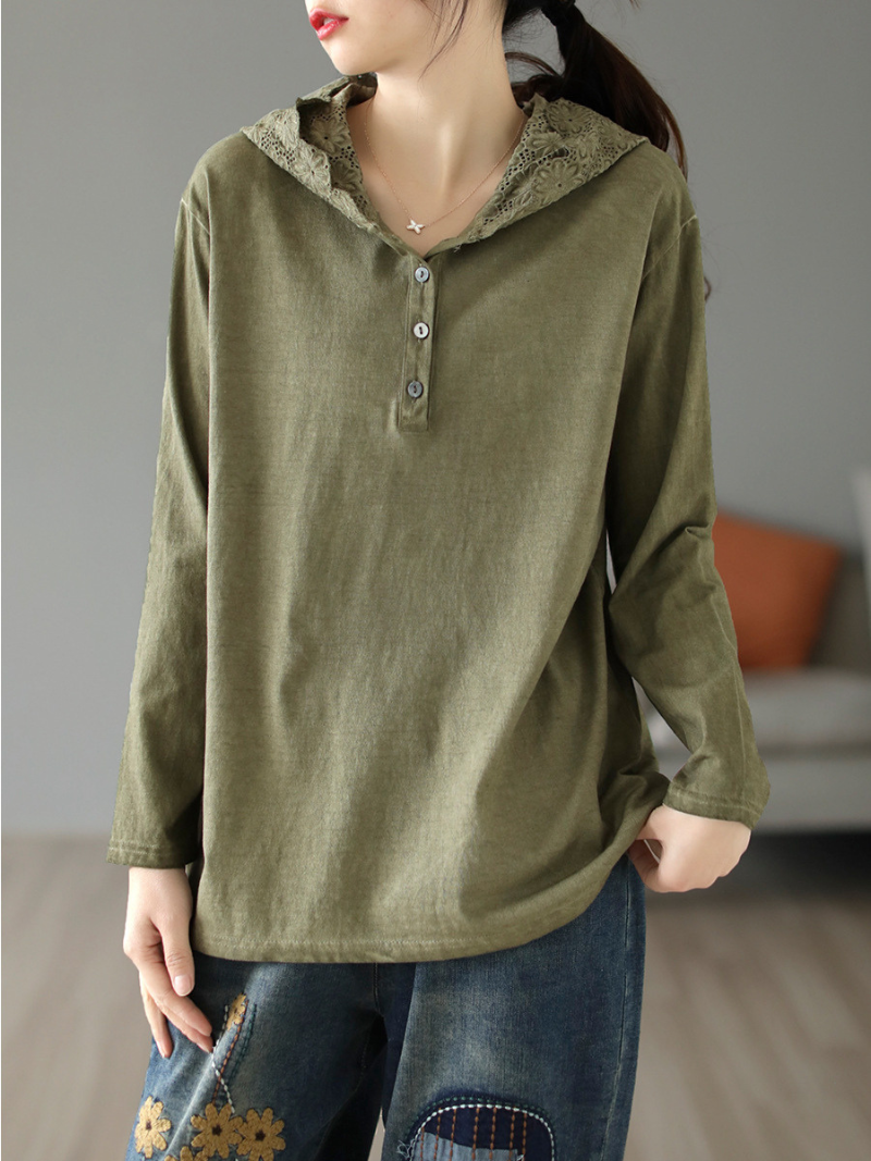 Lace Trim Hooded Button Placket Long Sleeve Loose Pullover Hoodie 8