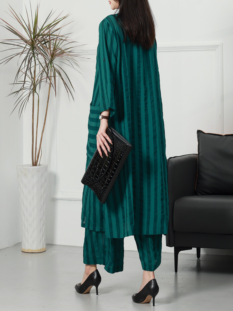 Textured Stripe Long Cardigan and Wide Leg Pants Set