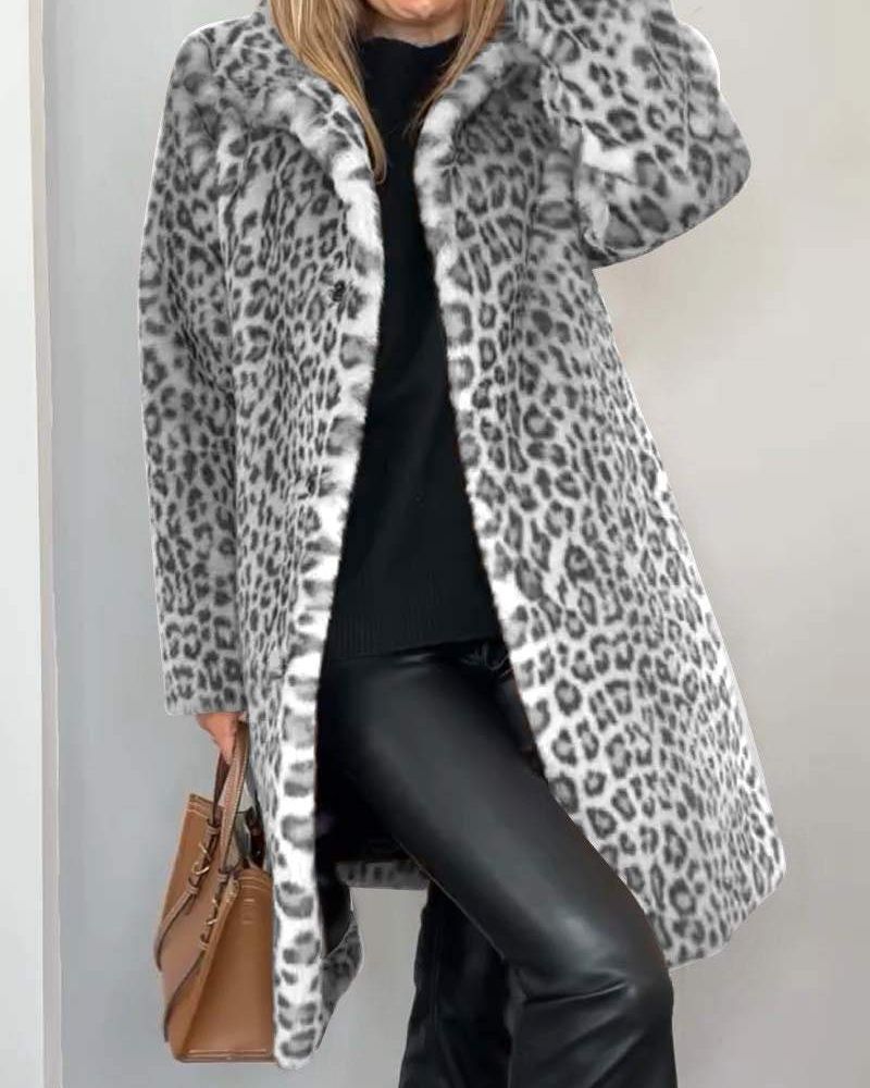 Notched Lapel Leopard Faux Fur Long Coat 2