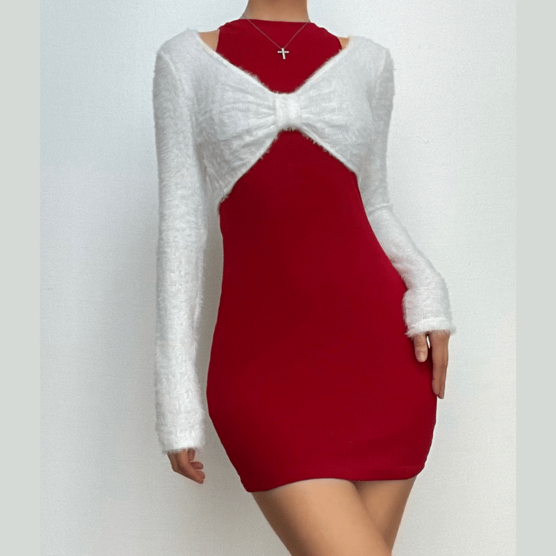Fluffy bowknot knotted long sleeve contrast shrug mini dress