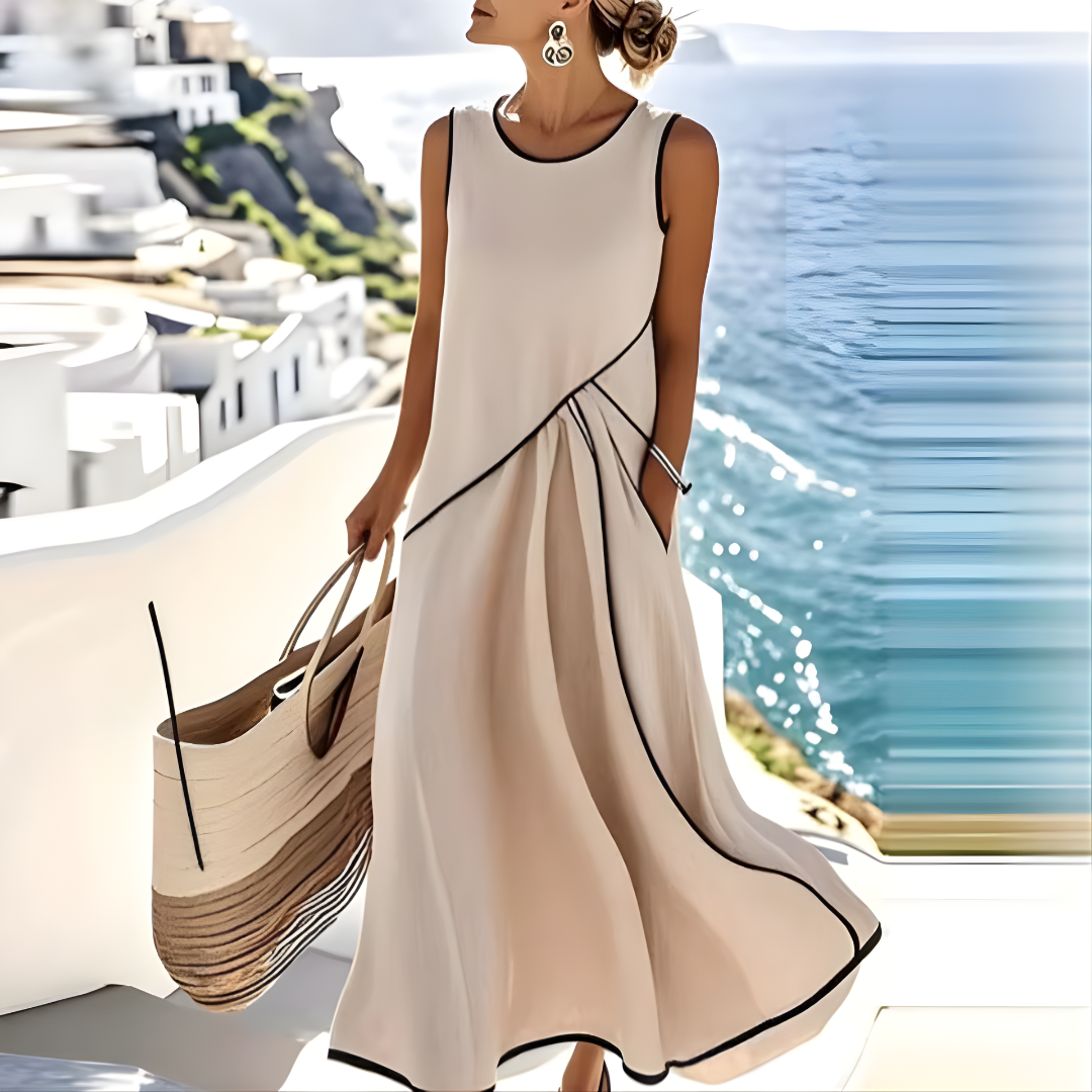 Round Neck Contrast Trim Sleeveless Tiered A-Line Maxi Dress