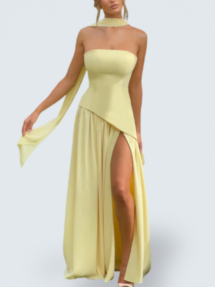 Strapless Neck Scarf Asymmetric High Slit Flowy Maxi Gown